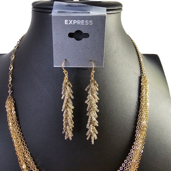 Express Gold Tone Multi Strand‎ Necklace and Beaded Dangle Earrings Set NWOT - Picture 4 of 6